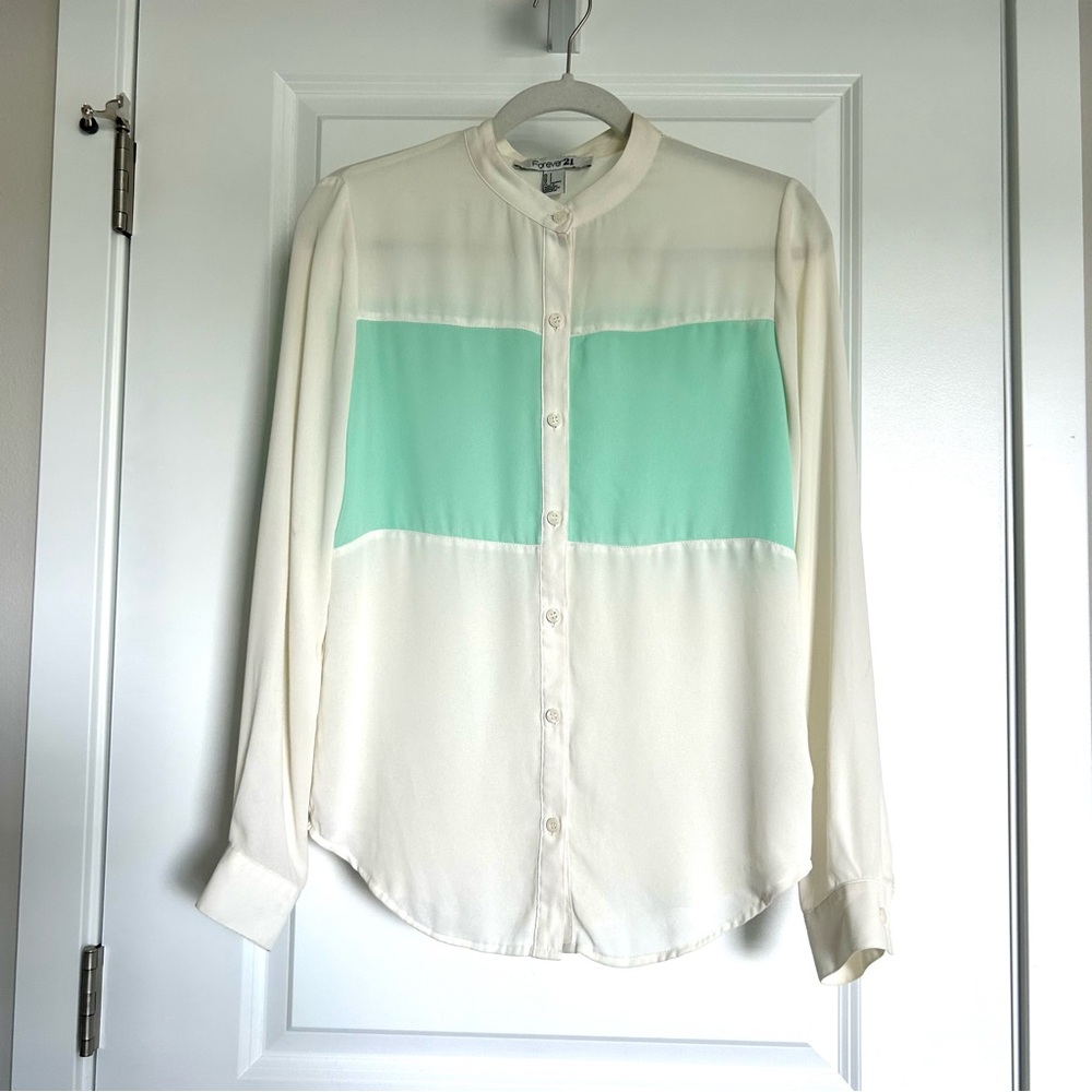 Forever 21 Cream and Mint Sheer Button Down Shirt